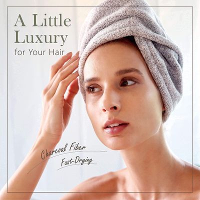 myHomeBody Hair Towel Wrap, Luxury Rapid-Dry Hair-Drying Turban, Ultra Soft and Quick Drying Absorbent Charcoal Fiber, with Coconut Shell Button - Gray