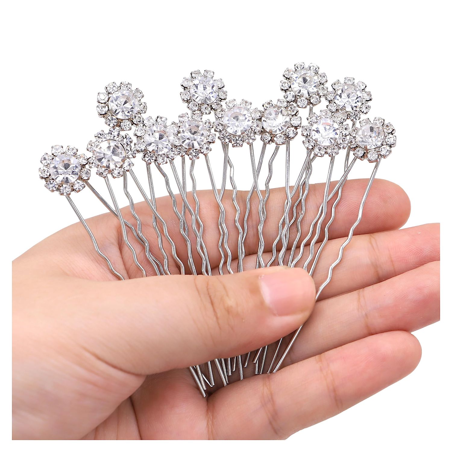 Ammei Headpiece Crystal Bridal Hair Pins Clips Wedding Hair Accessories Hair Set Jewelry With Rhinestone For Brides and Bridesmaids Set Of 12 (Silver)