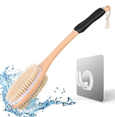 KIPRITII Ergonomically Back Scrubber for Shower,Double-Sided Back Long Handle Wet &amp; Dry Brush for Cellulite and Lymphatic (Black)
