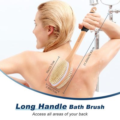 KIPRITII Ergonomically Back Scrubber for Shower,Double-Sided Back Long Handle Wet &amp; Dry Brush for Cellulite and Lymphatic (Black)