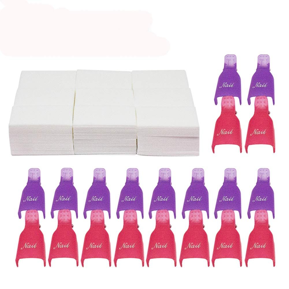 20 Pack Nail Gel Polish Remover Clip caps with 600 Pack Nail Art Wipe Cotton Pads