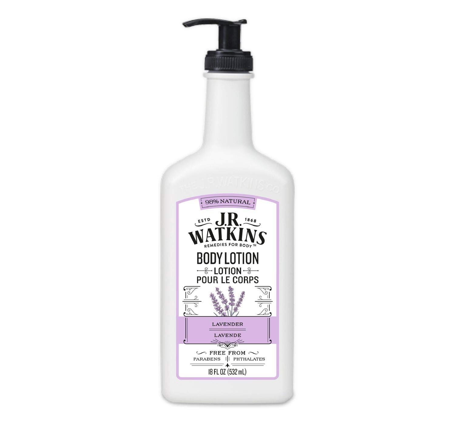 J.R. Watkins Daily Moisturizing Lotion - Body Cream in Pump Dispenser - Hydrating Skin Cream Made with Shea Butter, Cocoa Butter, Coconut Oil &amp; Vitamin E, Lavender, 18 fl oz