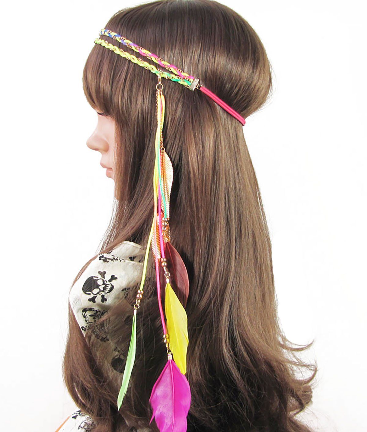 Women Lady Bohemian Double Braided Headband Tassels Hairband Headwear Hippie Feather Headband Hair Hoop Handmade Indian Fascinator Headband Headdress Hair Bands Hair Accessories (Multi-Colour)