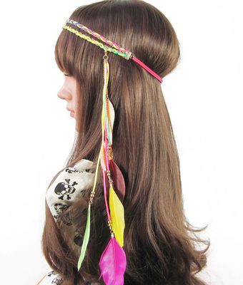 Women Lady Bohemian Double Braided Headband Tassels Hairband Headwear Hippie Feather Headband Hair Hoop Handmade Indian Fascinator Headband Headdress Hair Bands Hair Accessories (Multi-Colour)