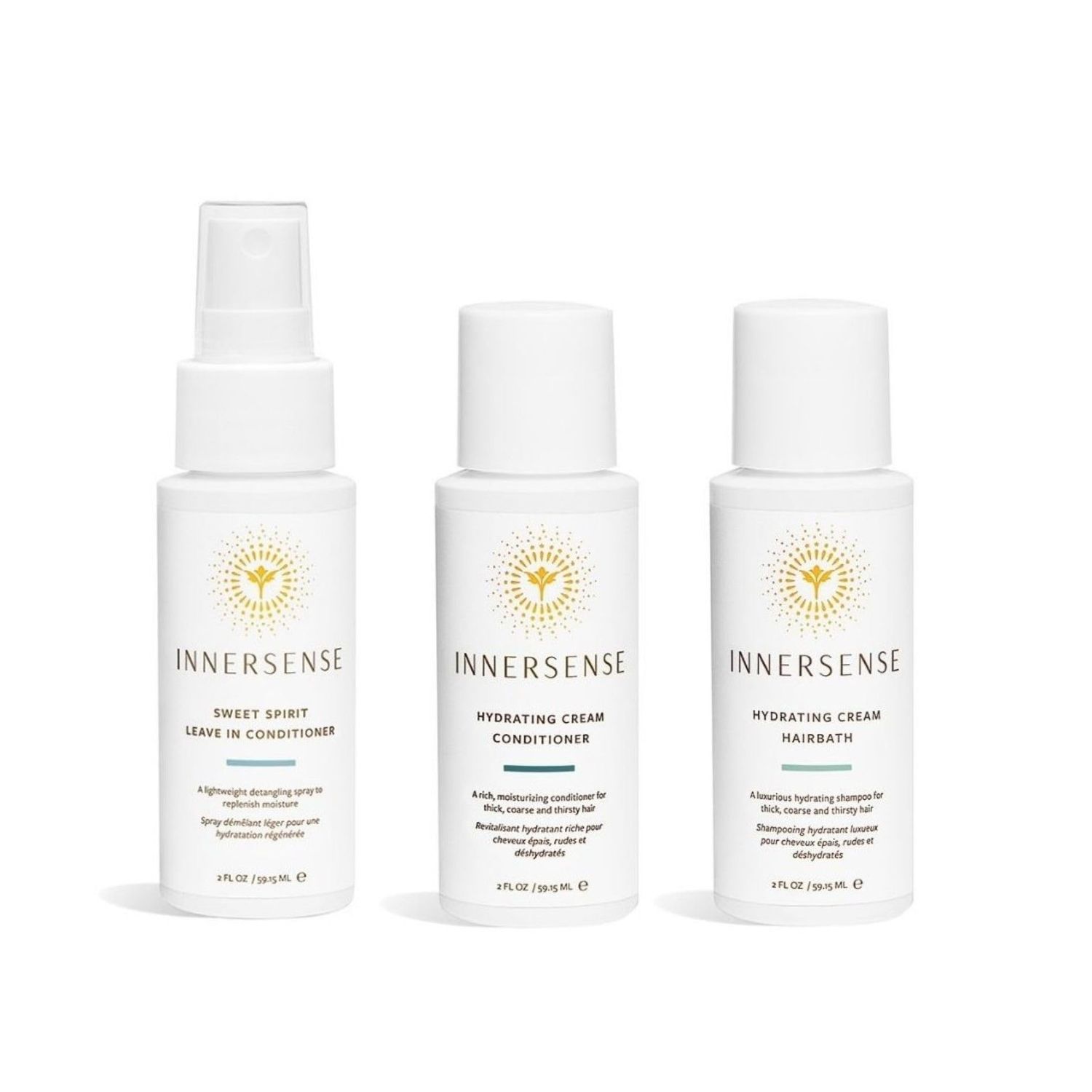 Innersense Organic Beauty - Hydrating Travel Hair Trio | Non-Toxic, Cruelty-Free, Clean Haircare (Hydrating Cream Hairbath, Hydrating Cream Conditioner, Sweet Spirit Leave-In Conditioner)