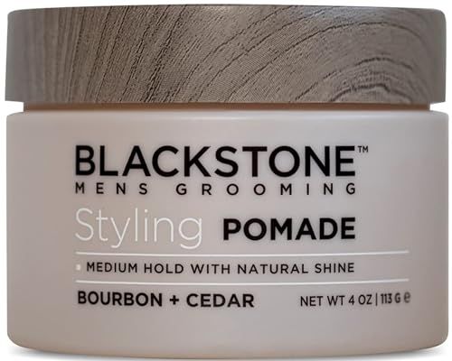 Blackstone Men&#39;s Grooming Hair Styling Pomade - Medium Hold with Natural Shine | Paraben &amp; Cruelty | Made in USA, Bourbon + Cedar (4 oz)