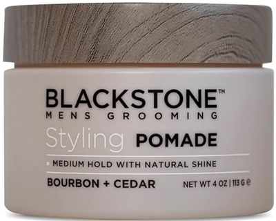 Blackstone Men&#39;s Grooming Hair Styling Pomade - Medium Hold with Natural Shine | Paraben &amp; Cruelty | Made in USA, Bourbon + Cedar (4 oz)