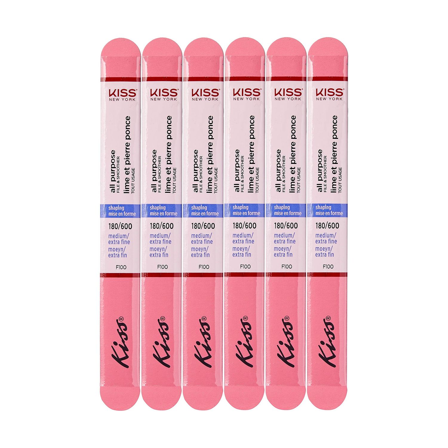 Kiss File All Purpose &amp; Smoother 180 Medium / 600 Extra Fine F100N - Pack of 6 Files &amp; Smooths natural and artificial nails