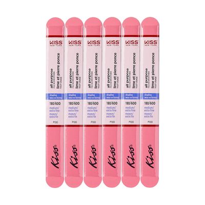 Kiss File All Purpose &amp; Smoother 180 Medium / 600 Extra Fine F100N - Pack of 6 Files &amp; Smooths natural and artificial nails