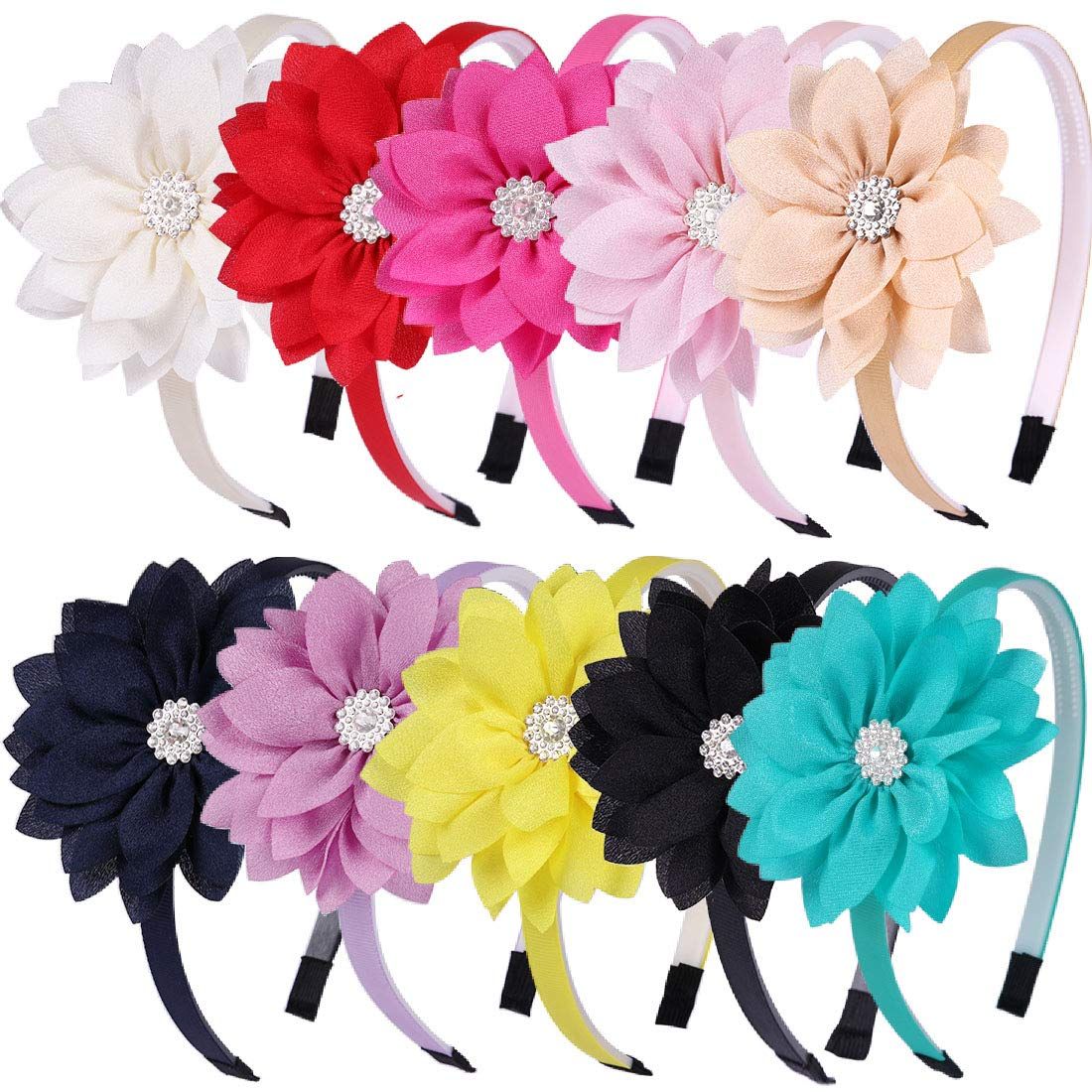 WANYU 10 Pcs Flower Bow Headbands For Girls,Toddler Headbands Chiffon Floral Kids Hair Bands Sparkle Cute 3.5 inch Bow Headpiece-Diademas Para Nias1