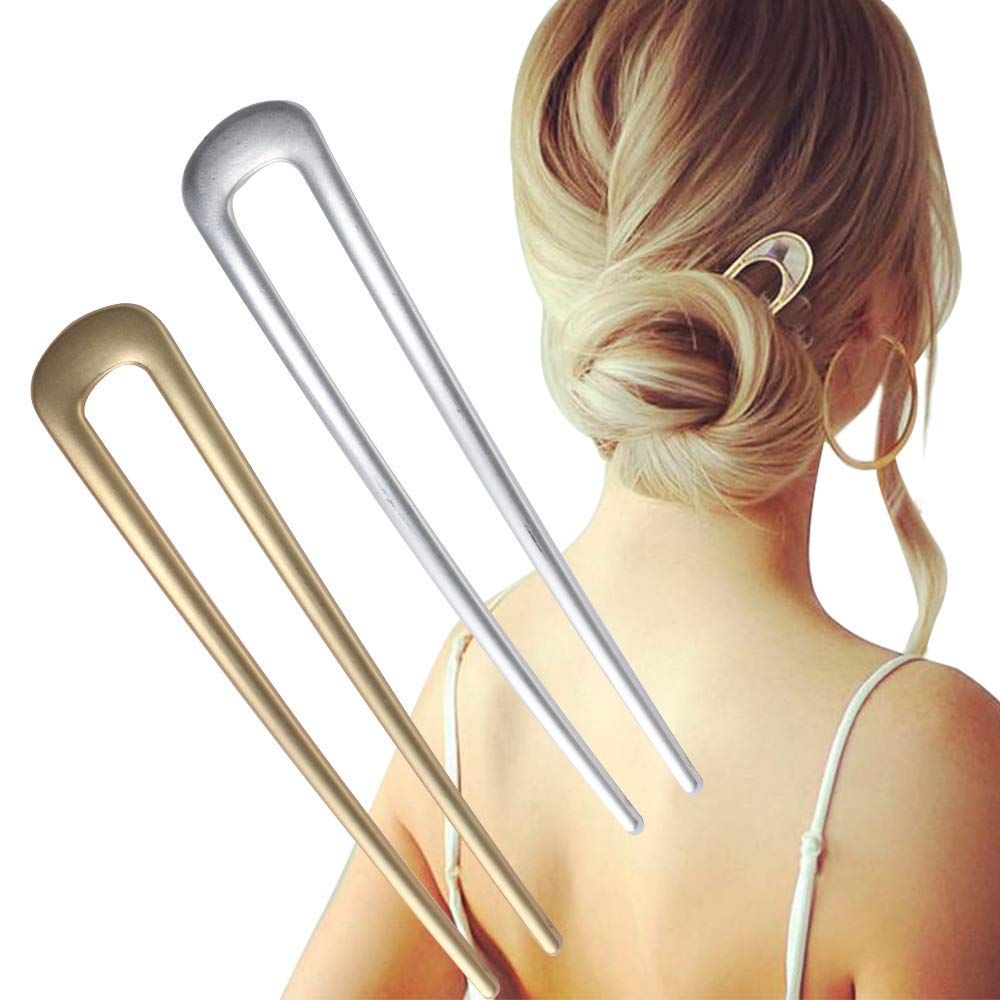 FRDTLUTHW Large French Hair Pins Metal U-Shaped Hair Sticks(pack of 2, Gold&amp;Silver)