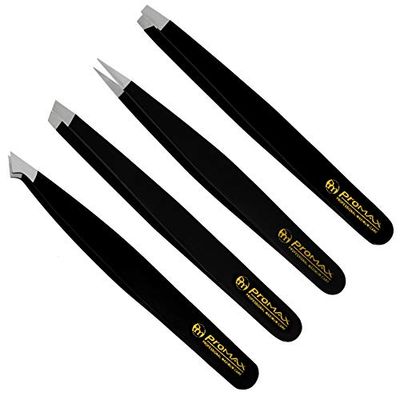 Promax Care Eyebrow 4-piece Tweezers Set - Professional Stainless Steel Multi Tweezer Set - Great Precision for Facial Hair, Ingrown Hair, Splinter, Blackhead, First-aid, Tick Remover (Black)