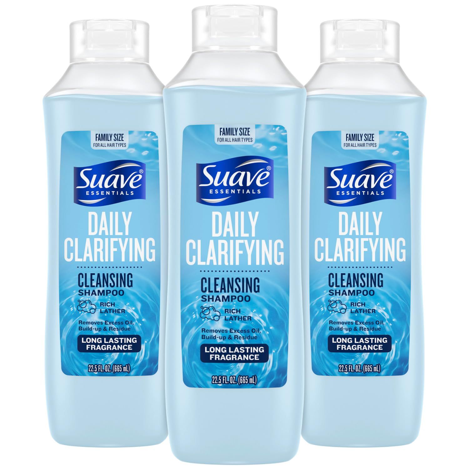 Suave Clarifying Shampoo, Family-Size 3-Pack - pH-Balanced &amp; Hypoallergenic Daily Deep Cleansing Shampoo for Normal to Oily Hair, 22.5 Oz Ea