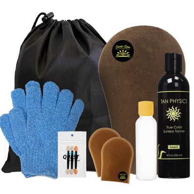 Tan Physics Self Tanner, 11 pcs Deluxe Bundle - Tan Physics True Color Sunless Tanner - Travel Bag &amp; Bottle, Gloves, Application Mitt &amp; Detail Applicator - Tan Physics True Color Sunless Tanner