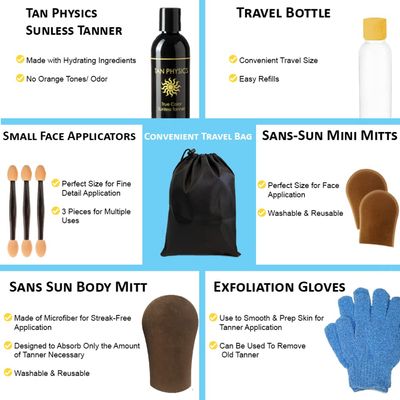 Tan Physics Self Tanner, 11 pcs Deluxe Bundle - Tan Physics True Color Sunless Tanner - Travel Bag & Bottle, Gloves, Application Mitt & Detail Applicator - Tan Physics True Color Sunless Tanner