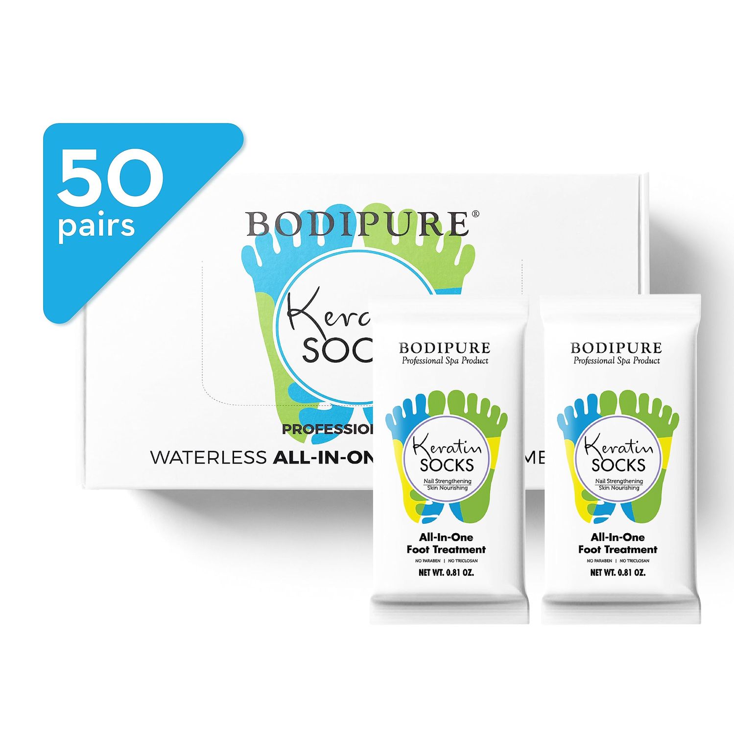 Bodipure All-In-1 Moisturizing Foot Mask | Keratin &amp; Vitamin E Foot Mask for Dry Cracked Feet, Callus &amp; Heel Softening | Easy-to-Use Pedicure Foot Repair | Chemical-free Feet Treatment | 50 Pairs