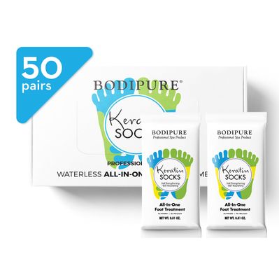 Bodipure All-In-1 Moisturizing Foot Mask | Keratin &amp; Vitamin E Foot Mask for Dry Cracked Feet, Callus &amp; Heel Softening | Easy-to-Use Pedicure Foot Repair | Chemical-free Feet Treatment | 50 Pairs