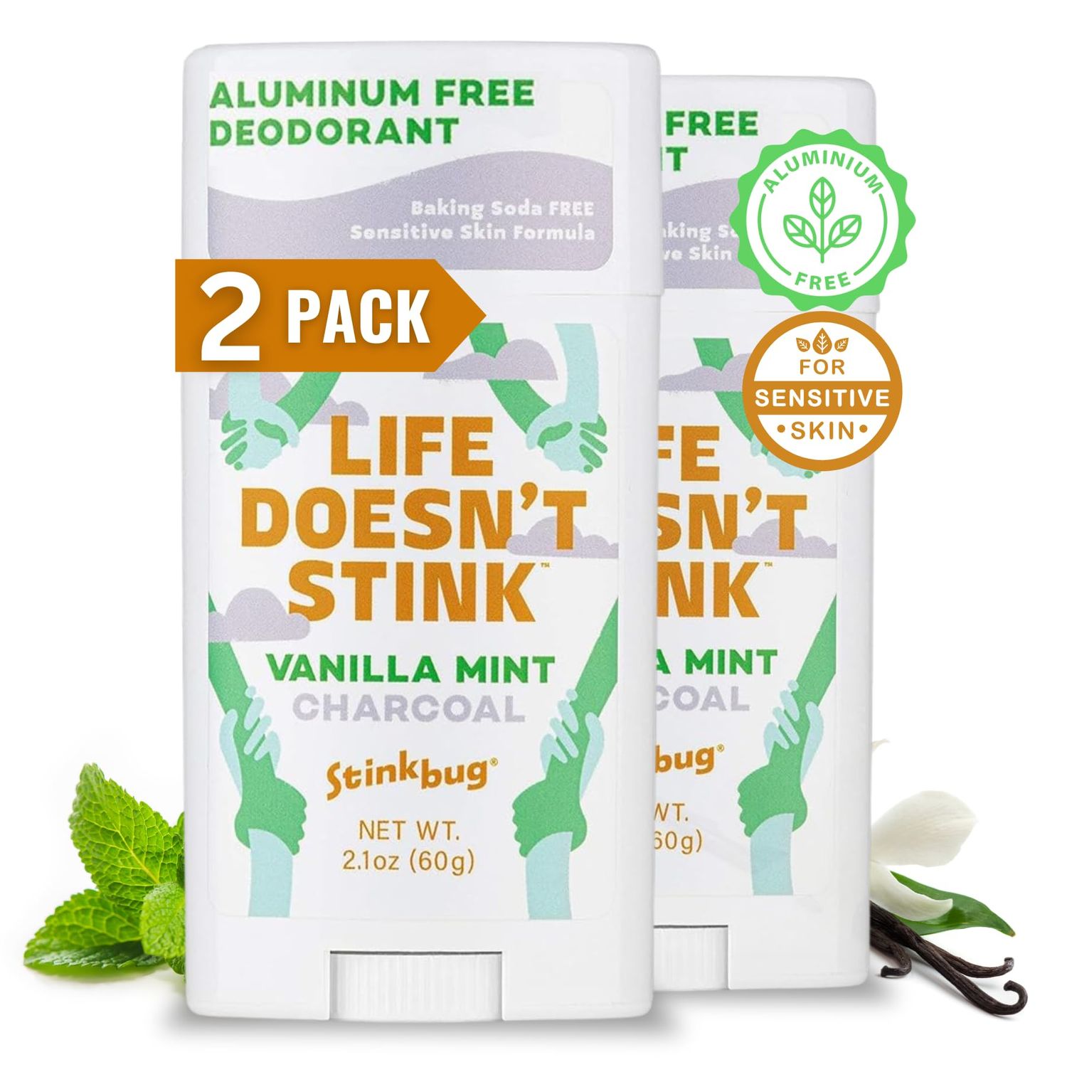Natural Organic Deodorant Stick with Vanilla and Mint, Coconut Oil and Activated Charcoal, Aluminum Free Deodorant by Stinkbug Naturals, Vanilla Mint 2-Pack