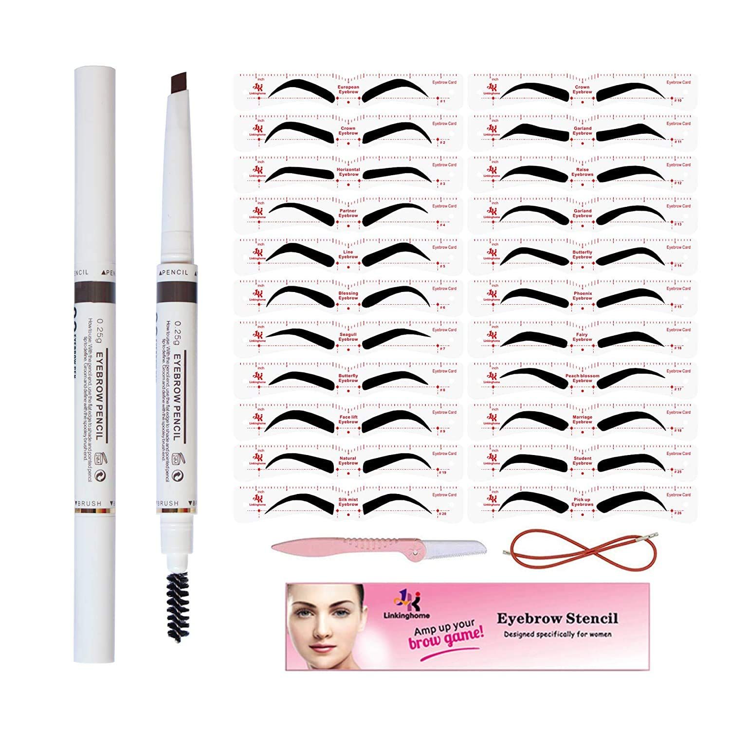 Eyebrow Stencils &amp; Eyebrow Pencil, 30 Eyebrow Shaper Kit, Reusable Eyebrow Template With Strap &amp; Eyebrow Razor, Waterproof Eyebrow Pen, 3 Minutes Makeup, Suitable for 98%