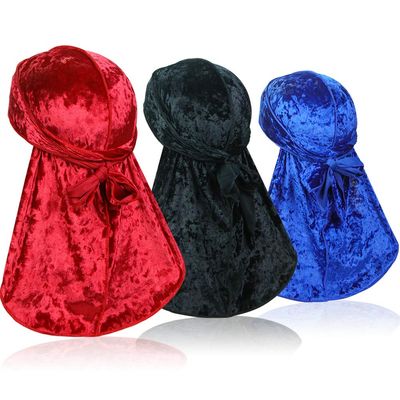 ASHILISIA 3 Pieces Crushed Velvet Wave Durag - Silky Durag Headwraps with Extra Long Tail Perfect for 360 Waves