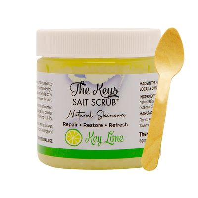 The Keys Sea Salt Scrub-Exfoliating Body Scrub with Wooden Spoon - Organic Florida Key Lime Face, Hand, Foot & Bikini scrub- Sea Salt Body Exfoliator with Essential Oils (Key Lime, 3.4 oz - 3 Pack)