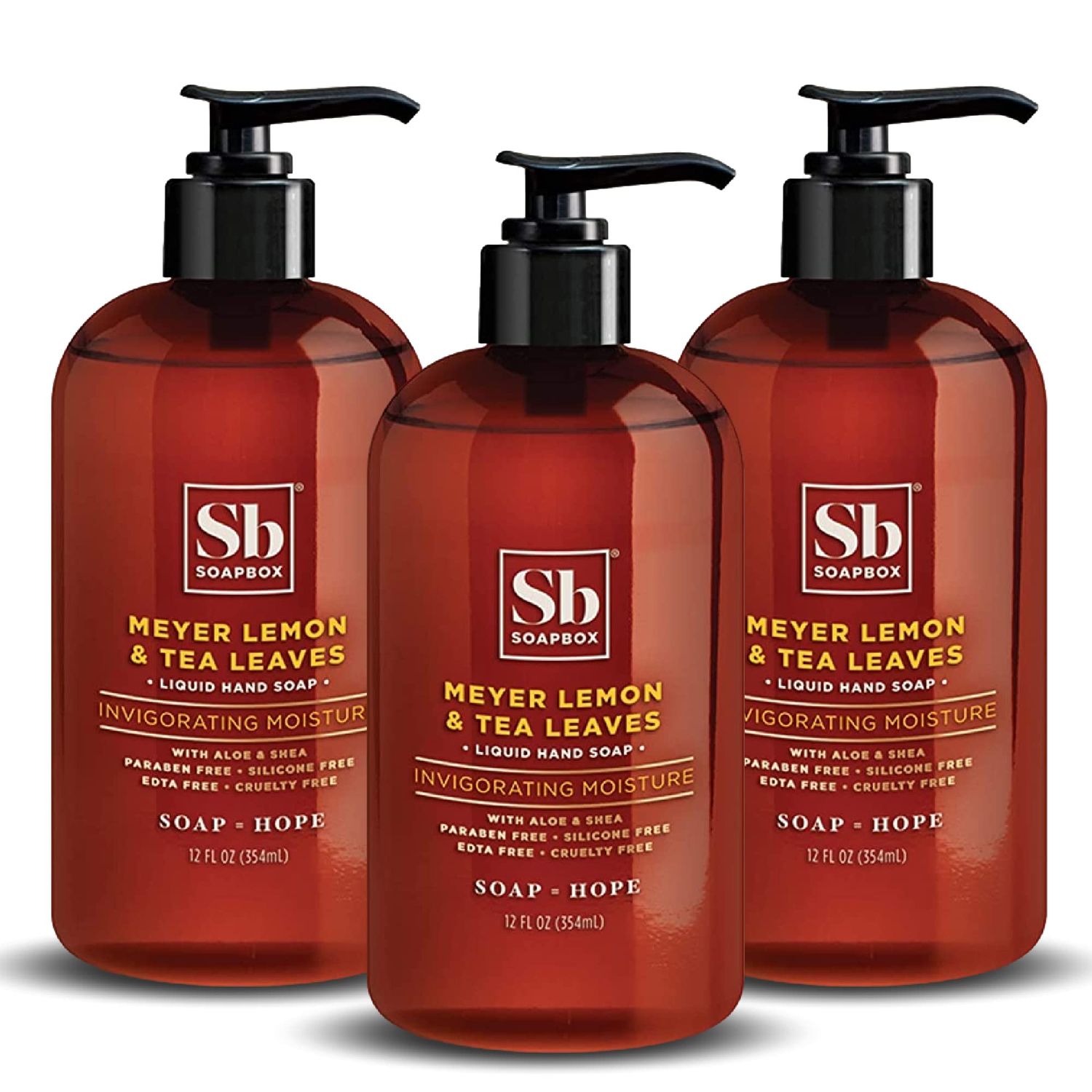 Soapbox Liquid Hand Soap, Meyer Lemon &amp; Tea Leaves - Gentle, Moisturizing Hand Cleanser, Vegan, Cruelty Free Hand Soap for Bathroom and Kitchen, 12oz Pump Bottles (Pack of 3)