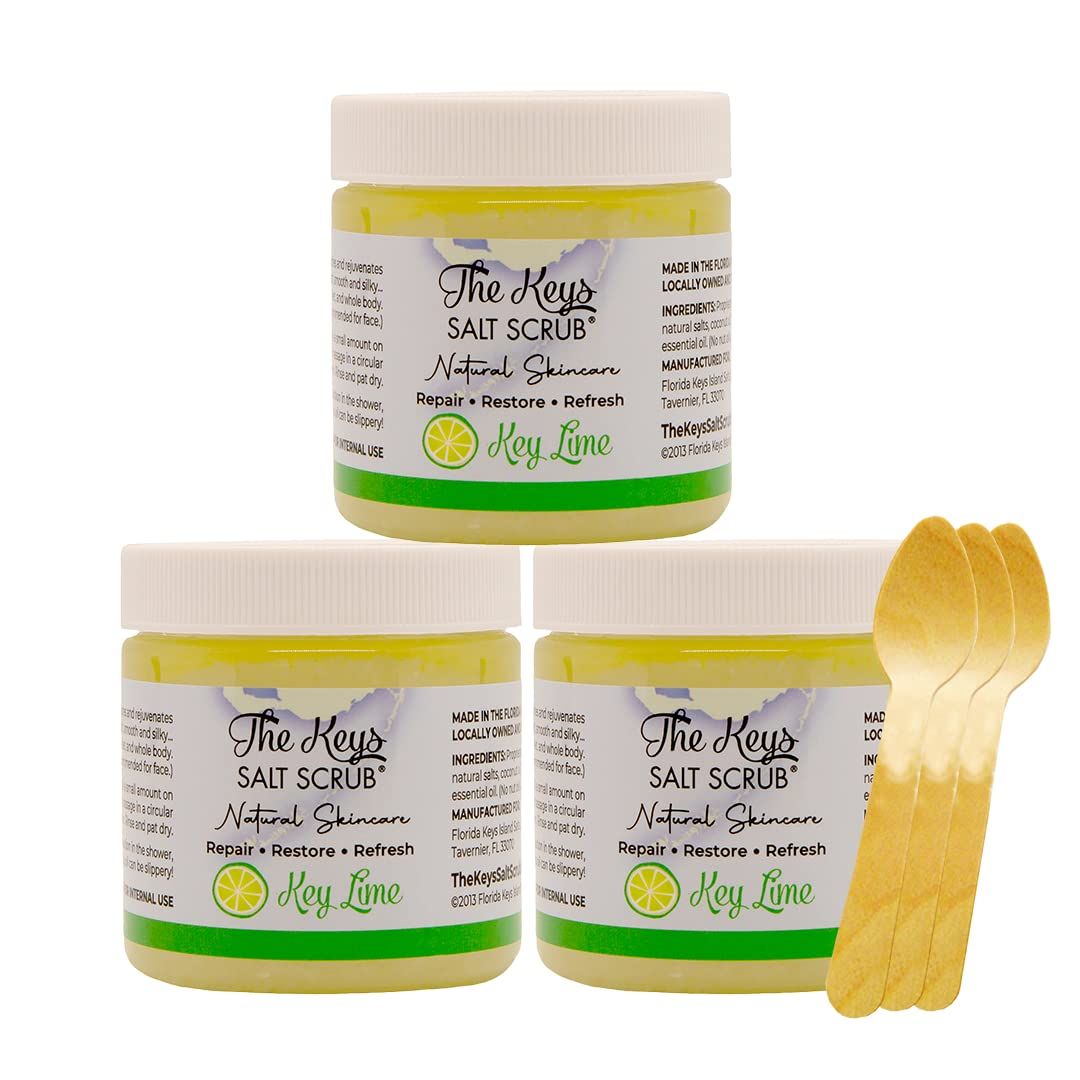 The Keys Sea Salt Scrub-Exfoliating Body Scrub with Wooden Spoon - Organic Florida Key Lime Face, Hand, Foot &amp; Bikini scrub- Sea Salt Body Exfoliator with Essential Oils (Key Lime, 3.4 oz - 3 Pack)