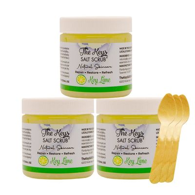 The Keys Sea Salt Scrub-Exfoliating Body Scrub with Wooden Spoon - Organic Florida Key Lime Face, Hand, Foot &amp; Bikini scrub- Sea Salt Body Exfoliator with Essential Oils (Key Lime, 3.4 oz - 3 Pack)