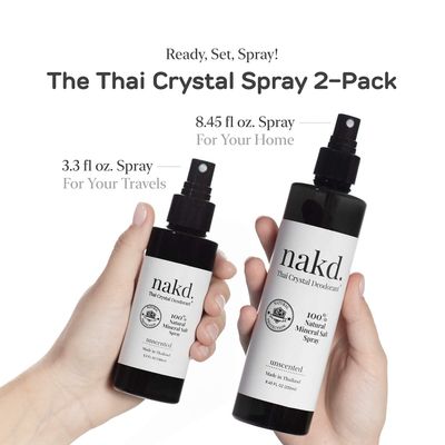 nakd. Thai Crystal Deodorant Spray - 2 Salt Deodorant Crystal Sprays, 8.45 FL oz. Regular + 3.3 FL oz. Travel Size - All Natural and Unscented Aluminum Free Deodorant for Women, Men, and Kids