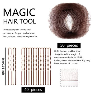 Zonon Bun Hair Nets 50Pcs, Invisible Elastic Edge Mesh, Individual Package, Brown &amp; U Shaped Pins 40Pcs for Ballet Bun, Sleeping, Women and Wig