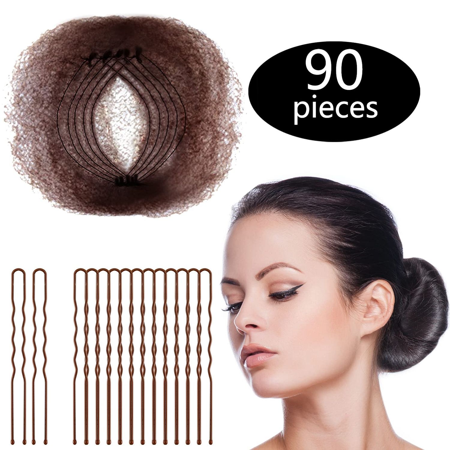 Zonon Bun Hair Nets 50Pcs, Invisible Elastic Edge Mesh, Individual Package, Brown &amp; U Shaped Pins 40Pcs for Ballet Bun, Sleeping, Women and Wig