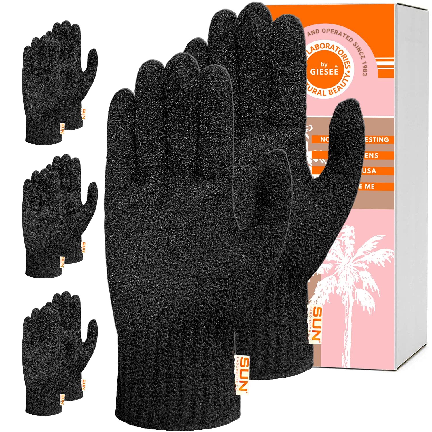 Sun Laboratories By Giesee Exfoliating Gloves 4 Pairs - Body Scrubber, Exfoliating Body Scrubber, Exfoliating Body Scrub, Self Tan Remover Mitt, Sunless Tanner Remover, Pre Tan Exfoliator, Tan Removal
