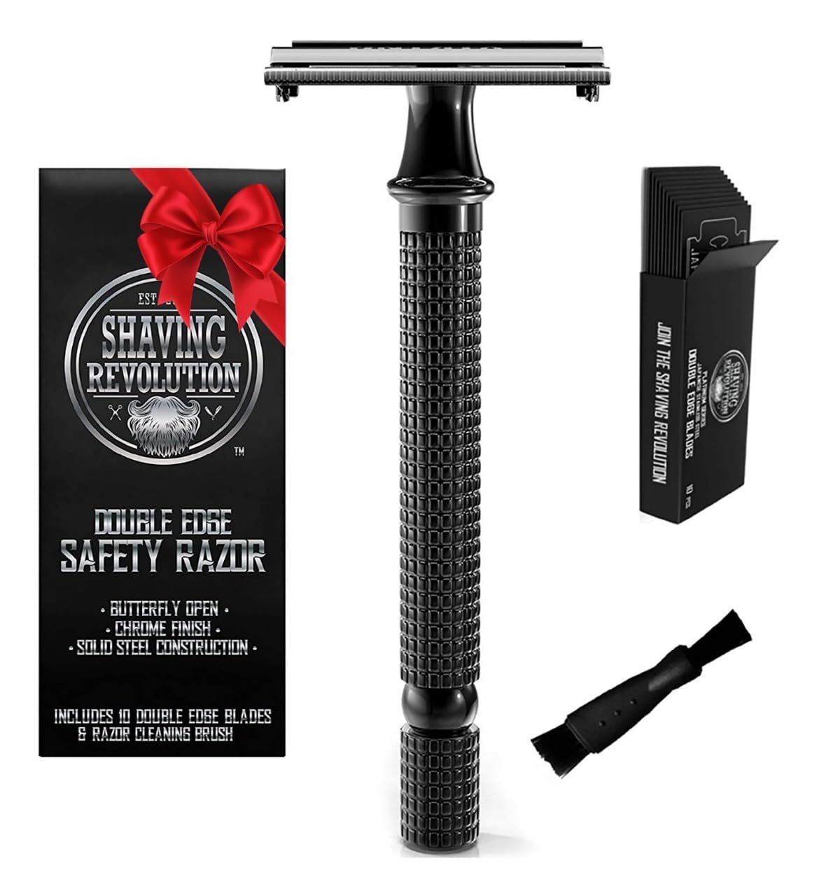 SHAVING REVOLUTION Long Handle Double Edge Safety Razor - Butterfly Open Razor 10 Japanese Stainless Steel Double Edge Blades - Close, Clean Shaving Razor Men., Black Long Handle, 12 Piece Set