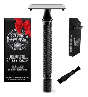 SHAVING REVOLUTION Long Handle Double Edge Safety Razor - Butterfly Open Razor 10 Japanese Stainless Steel Double Edge Blades - Close, Clean Shaving Razor Men., Black Long Handle, 12 Piece Set