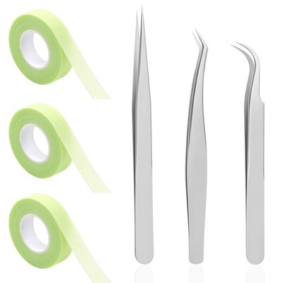 3 Rolls Eyelash Extension Tape with Tweezers, SourceTon Micropore Fabric Tape Roll 0.5 Inch 10 Yards (Green) with 3 PCS Straight Pointed and Curved Tweezers (Silver)