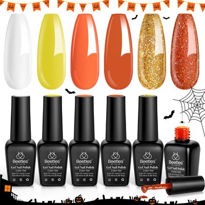 Beetles Orange Gel Nail Polish Set, 6 Colors Yellow White Gold Glitter Gel Nail Polish Kit Fall Winter Nail Gel Polish Soak Off Uv LED Lamp Nail Art Design Manicure Gift for Women