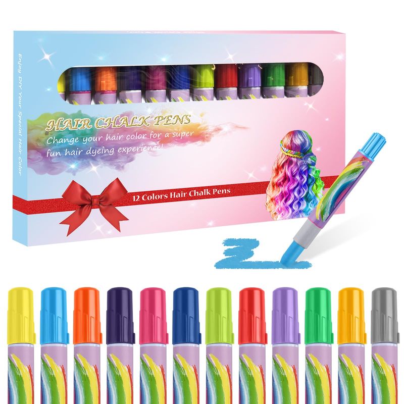 MSDADA Hair Chalk Pens - 12 Color Temporary Washable Hair Dye for Kids - DIY Makeup Birthday Party Halloween Christmas Gifts Toys for Ages 6-12 Years