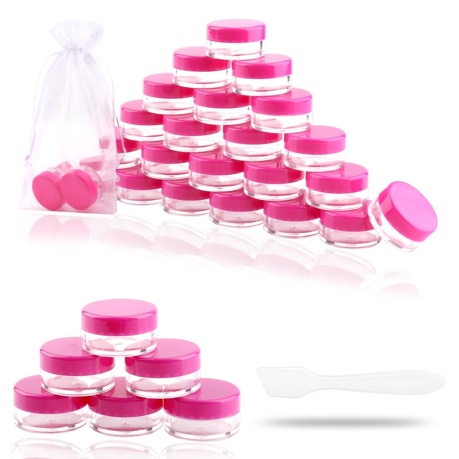 SumDirect 5 Gram Cosmetic Containers - 100Pcs Sample Jars with Hotpink Lids, Small Plastic Makeup Sample Containers with Organza 10 Pcs Bags and a Scoop