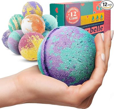 Bubbly Belle Bath Bombs XXL Gift Set, 12 Extra Large Handmade Aromatherapy Fizzies with Essential Oil Blends and Epsom Salt, Vegan for Women, Men, Kids