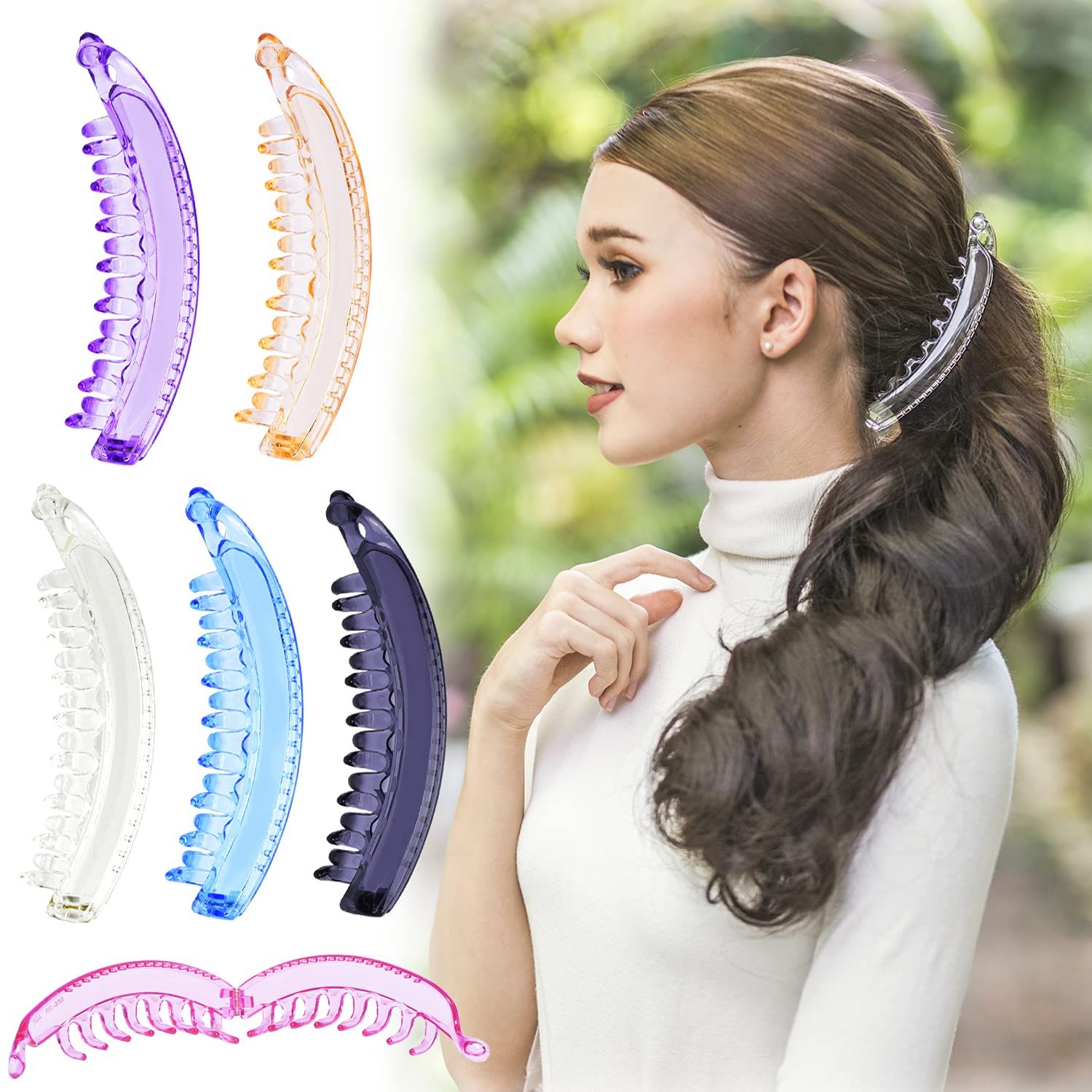 RC ROCHE ORNAMENT 6 Pcs Womens Premium Hair Plastic Banana Classic Clincher Strong Hold Ponytail Maker Girls Ladies Beauty Accessory Clasp Clip, Large Transparent Multicolor