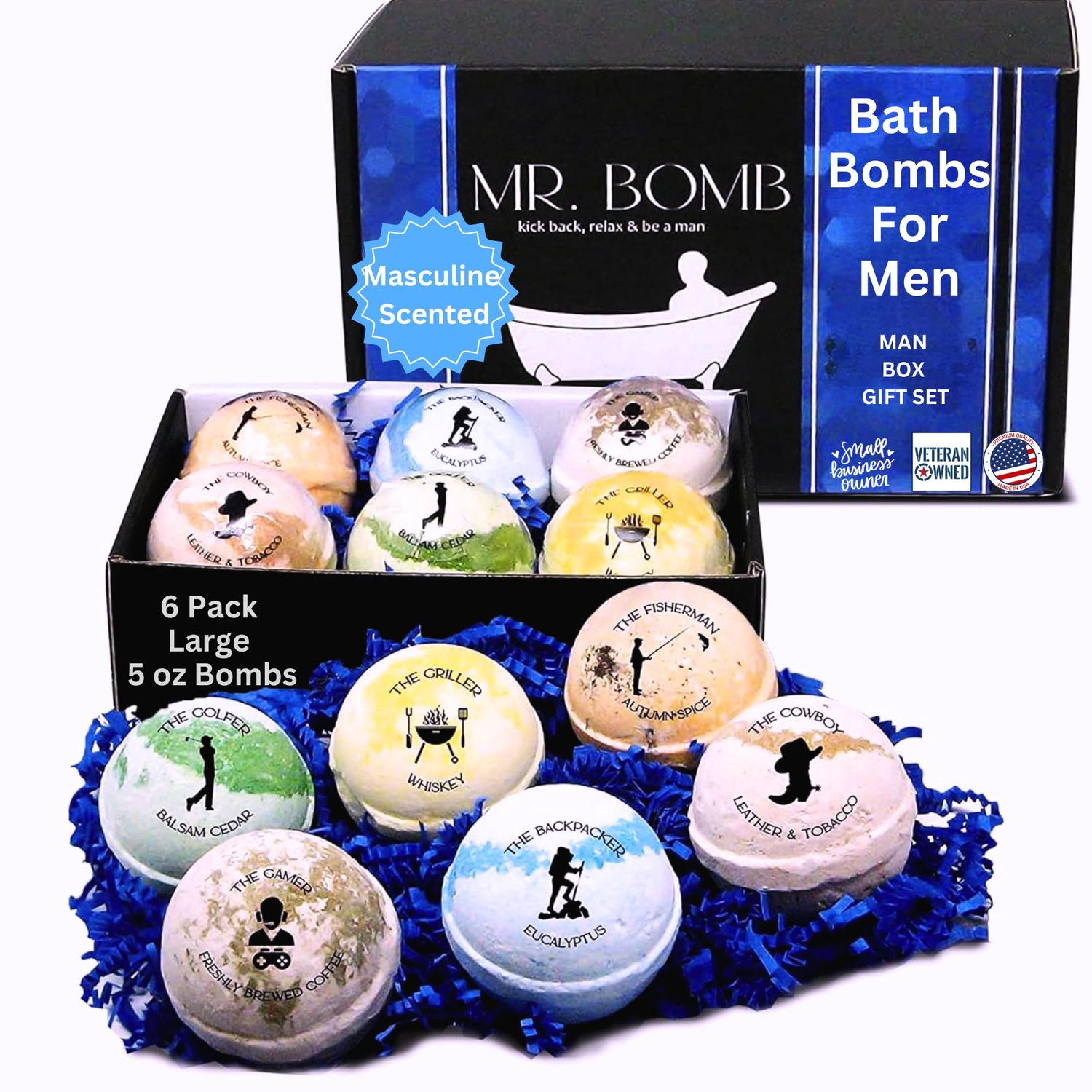 Mr. Bomb Dude Bath Bombs for Men, Infused for Guy Relaxation, Gift for Him, Manly Bath Soak, Masculine Scents for Men, Relaxing Bliss for The Gents - USA Crafted 6 Pk Male Set - Man-Up Collection