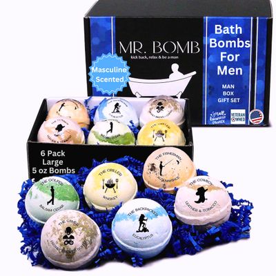 Mr. Bomb Dude Bath Bombs for Men, Infused for Guy Relaxation, Gift for Him, Manly Bath Soak, Masculine Scents for Men, Relaxing Bliss for The Gents - USA Crafted 6 Pk Male Set - Man-Up Collection