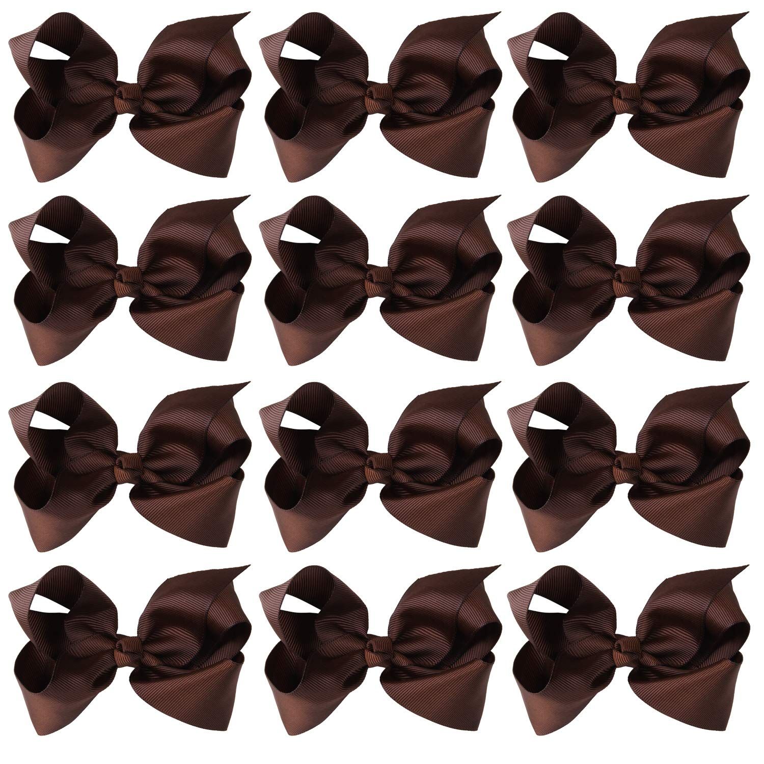 4 Inch Boutique Girls Hair Bows Hair Clips for Girls Toddlers 12 Pcs Solid Color (Brown)