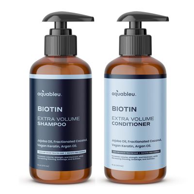 Aquableu Biotin Volumizing Shampoo &amp; Conditioner Set - Natural Thickening &amp; Volume For Thicker Fuller Hair - Promotes Healthy Hair Growth - Includes Coconut, Keratin, Argan &amp; Jojoba Oil - Sulfate Free