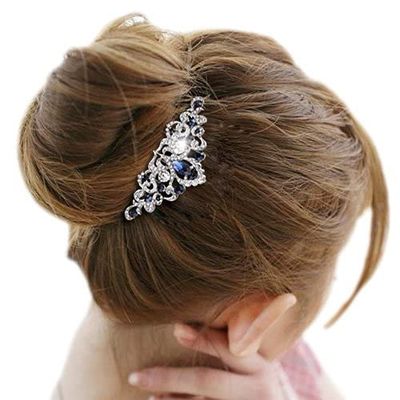 EVER FAITH Austrian Crystal Art Deco Flower Vine Wedding Prom Hair Comb fro Women Bride Bridesmaids Navy Blue Silver-Tone