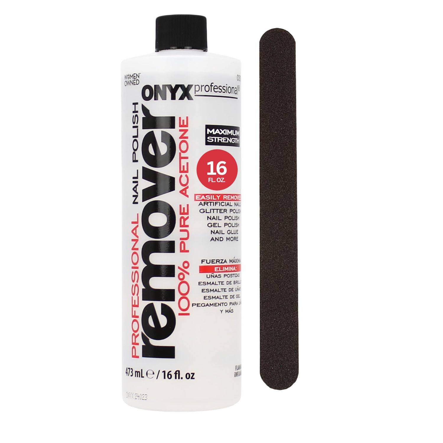Onyx Professional 100% Pure Acetone Nail Polish Remover Kit with 7 inch Nail File, Maximum-Strength Nail Polish Remover for Gel, Artificial &amp; Glitter Nail Polish, Quick and Effective Formula, 16 Fl Oz