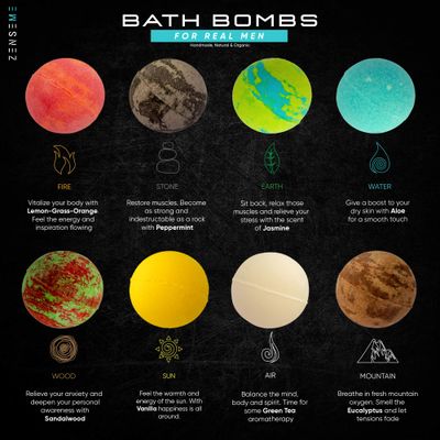 Bath Bombs for Men, Gift Set of 8 Scented Organic Handmade Bath Bombs of 2.5 oz with Natural Essential Oils. Perfect for Boyfriend, Husband, Father or Friend, by ZenseMe