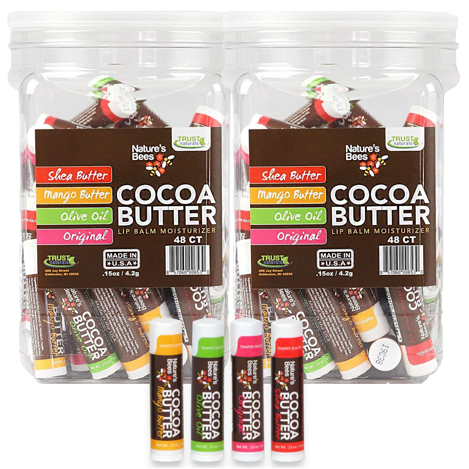 Nature's Bees - Cocoa Butter Lip Balm Moisturizer - Original 96 Pack, 4 Flavors - Original, Shea Butter, Mango Butter, Olive Oil - Made w/Coconut Oil, Beeswax, Vitamin E, Aloe - 0.15oz (4.2g)