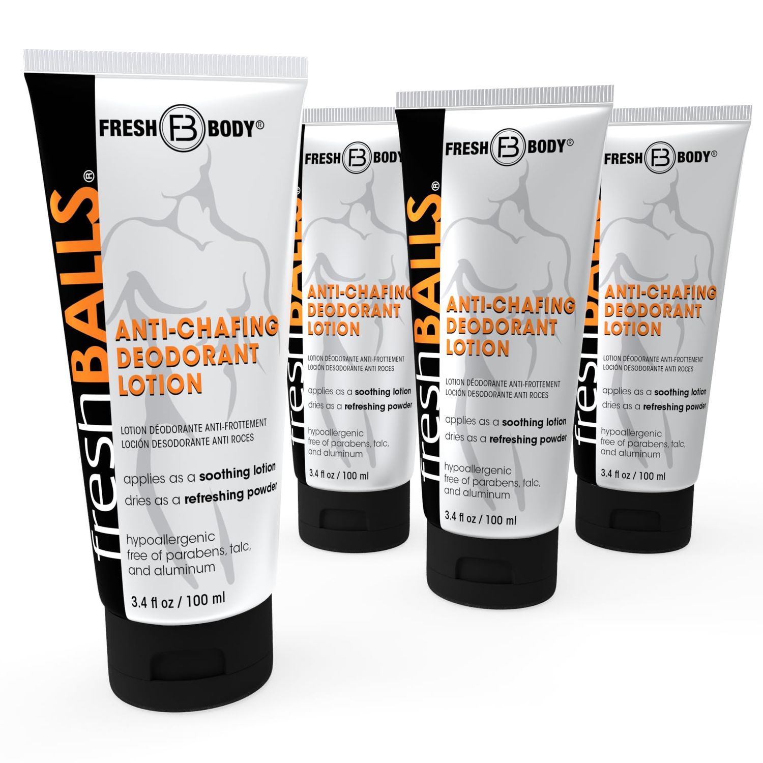 Fresh BALLS Lotion (4 Pack) | Anti-Chafing Men&#39;s Soothing Cream to Powder Balls Deodorant and Hygiene for Groin Area, 3.4 fl oz