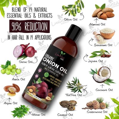 Luxura Sciences Organic Onion Oil | Controls Hair Loss, Dandruff, & Helps with Growth | Infused with 14 Essential Oils for Strong Roots | Sulfate-Free Hair Care | 8.45 Fl Oz/250ml